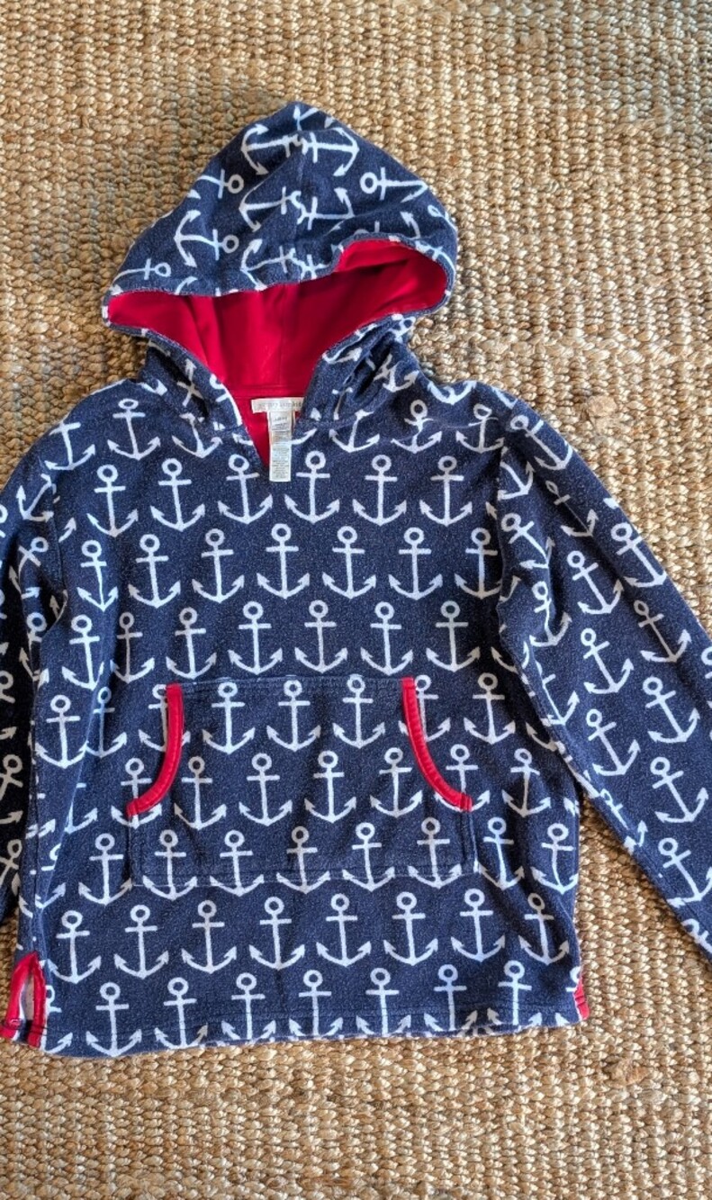 Nautical Anchor Print Navy Terry Cloth Hoodie - Kids Size L (8-10), 100% Cotton